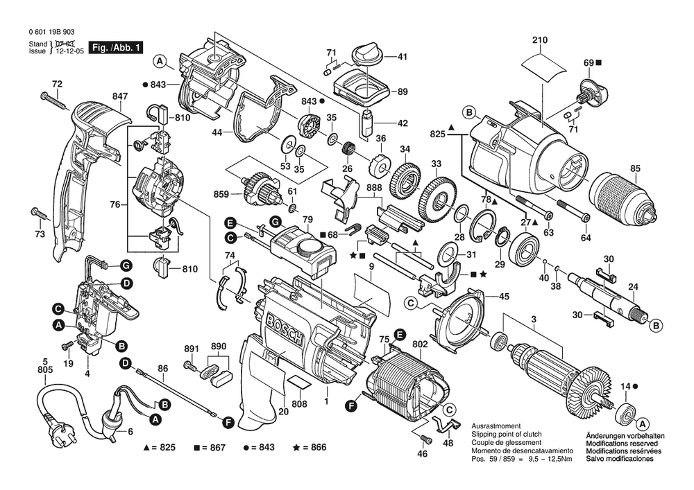 Section 1 Diagram and Parts List for GSB20-2RETSBK 060119B937 Bosch Hammer Drill