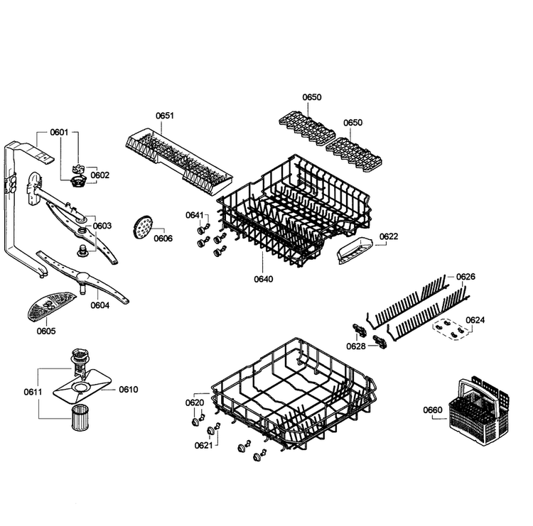 Baskets Diagram and Parts List for SGE63E06UC 48 Bosch Dishwasher