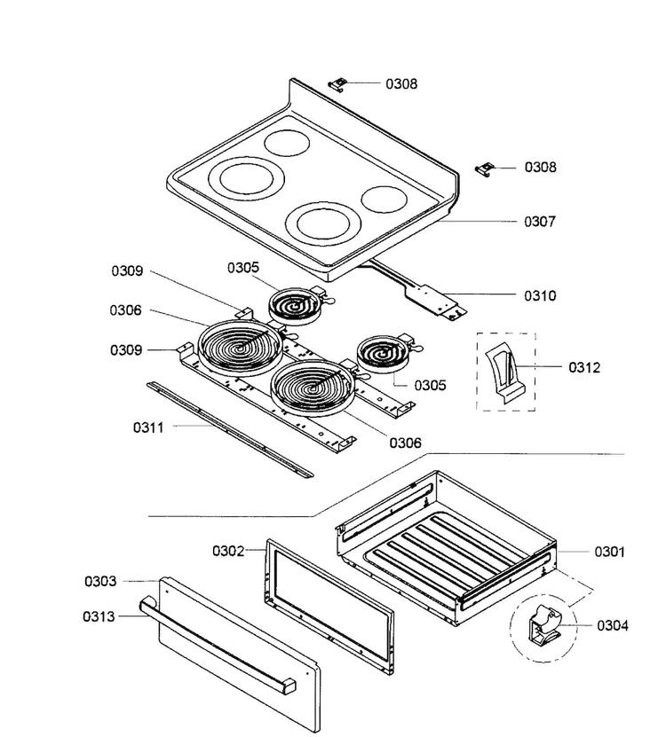 Drawer/top Assy Diagram and Parts List for HES3053U 03 Bosch Range