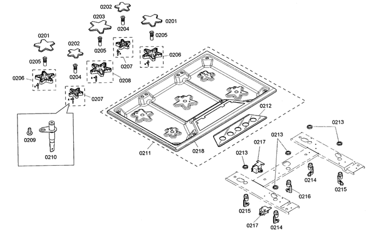 Burners Asy Diagram and Parts List for SGSX305FS 01 Thermador Cooktop