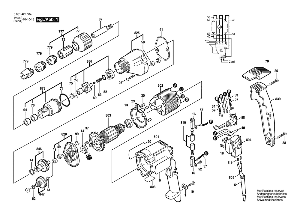 Section 1 Diagram and Parts List for 1422VSR 0601422545 Bosch Screwdriver