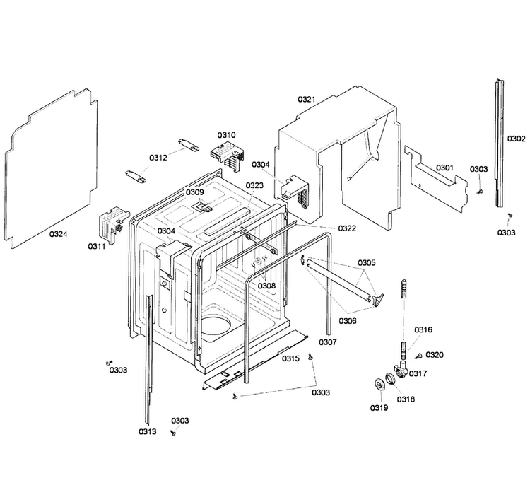 Cabinet Diagram and Parts List for SHE58C02UC 54 Bosch Dishwasher