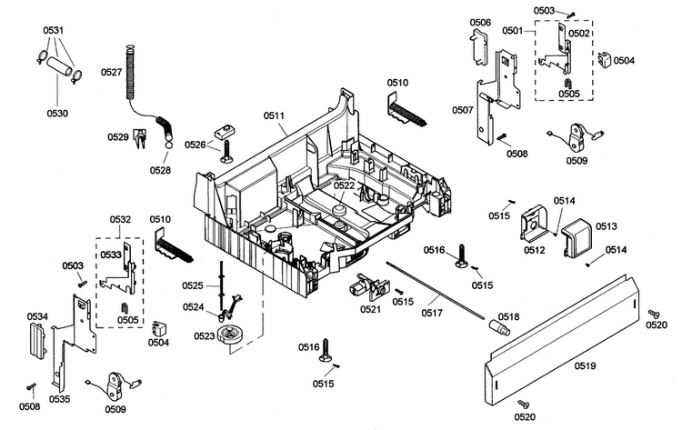Base Assy Diagram and Parts List for SHE44C05UC 38 Bosch Dishwasher