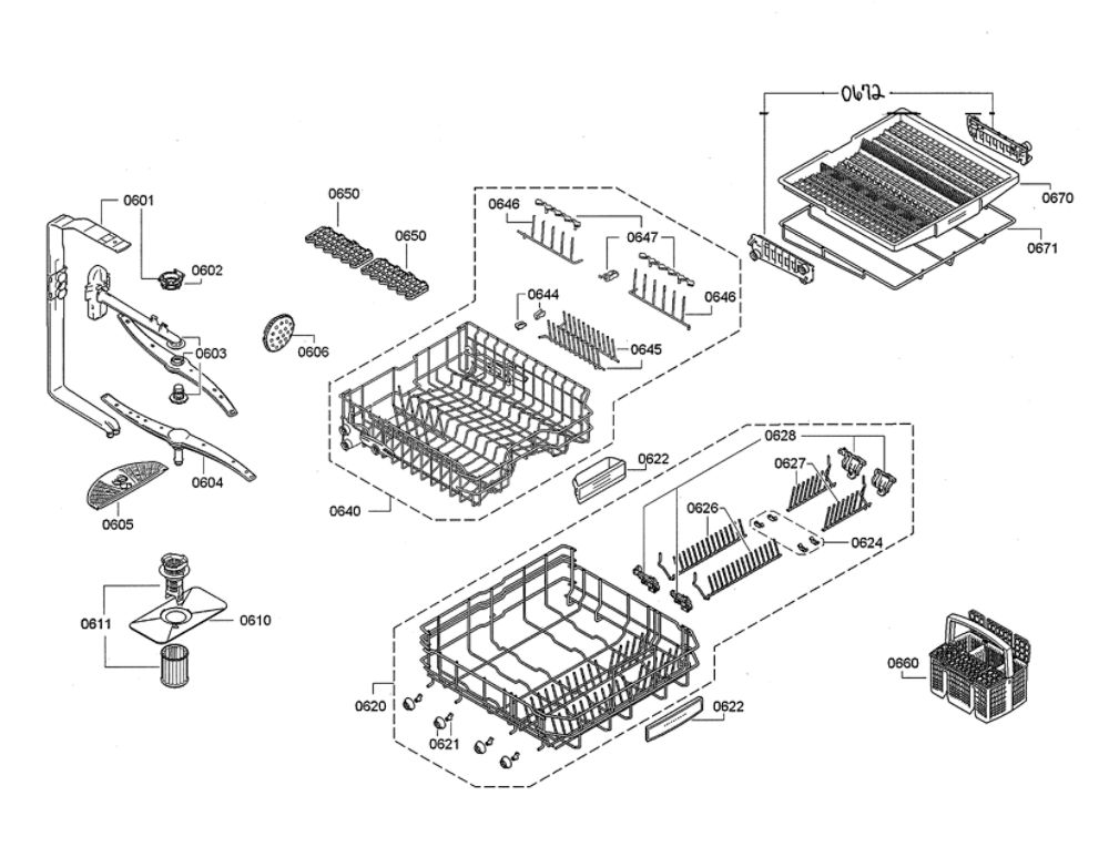 Racks/Spray Arms Diagram and Parts List for DWHD640JFP B4 Thermador Dishwasher