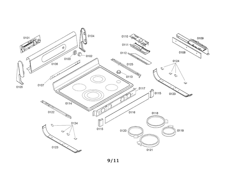 Cooktop Diagram and Parts List for HES442U 02 Bosch Range