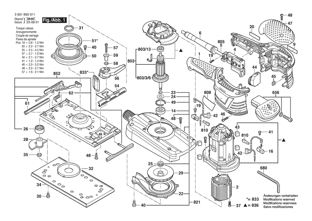 Section 1 Diagram and Parts List for GSS280AVE 3601B92911 Bosch Orbital or Palm Sander