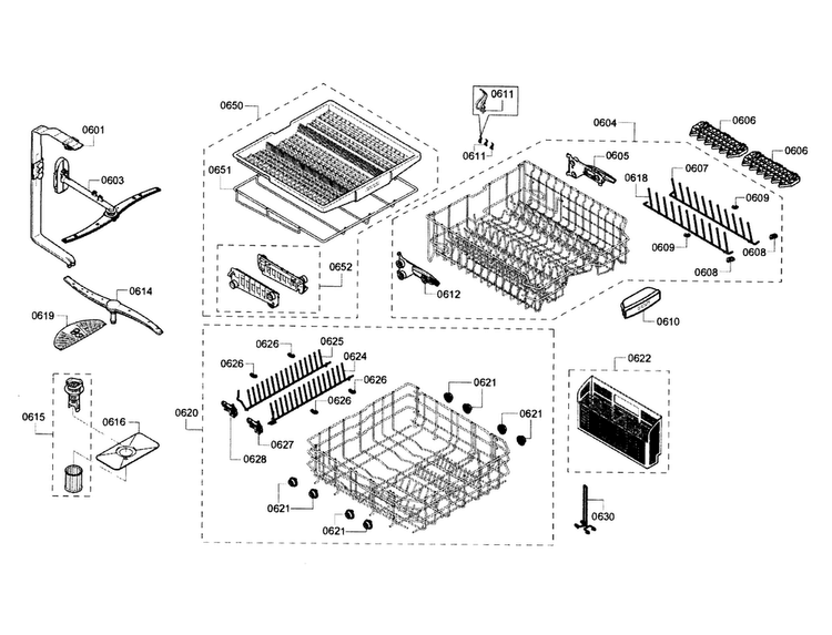 Rack Diagram and Parts List for SHE68T55UC 03 Bosch Dishwasher