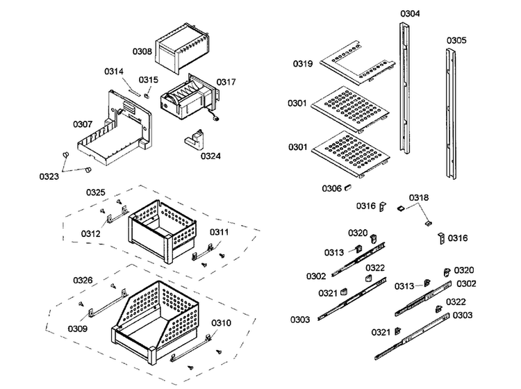 Drawers Assy Diagram and Parts List for B18ID80NRP 01 Bosch Freezer