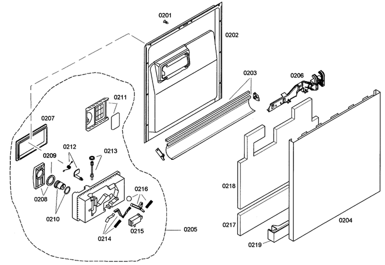 Door Assy Diagram and Parts List for SHE43C05UC 47 Bosch Dishwasher
