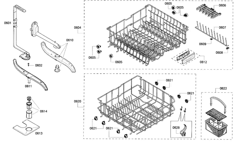 Baskets Assy Diagram and Parts List for SHE43P06UC 56 Bosch Dishwasher