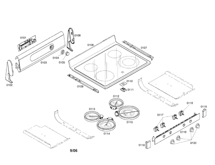 Cooktop Diagram and Parts List for HES3052U 01 Bosch Range