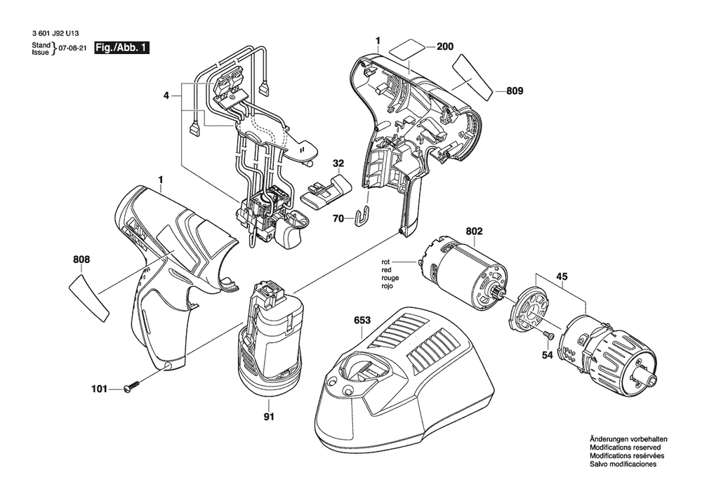 Section 1 Diagram and Parts List for PS20108V 3601J92U13 Bosch Screwdriver