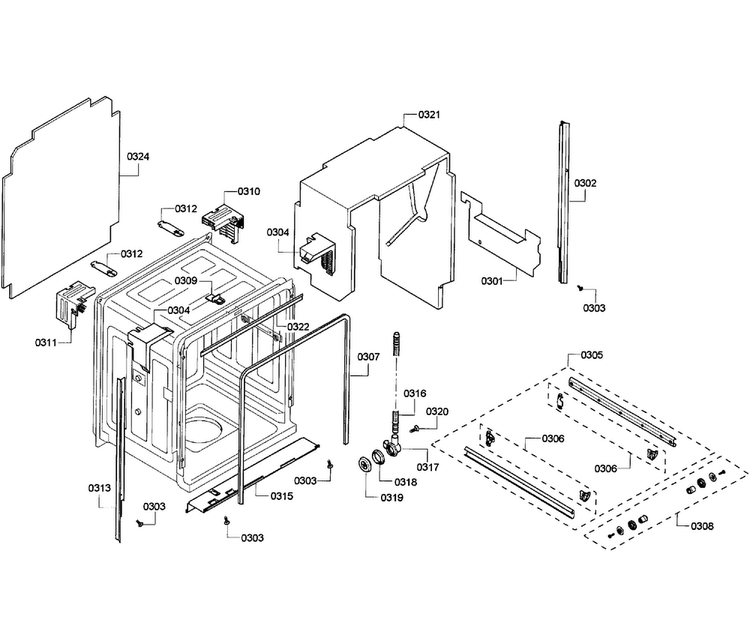 Cabinet Diagram and Parts List for SHE55M16UC 61 Bosch Dishwasher