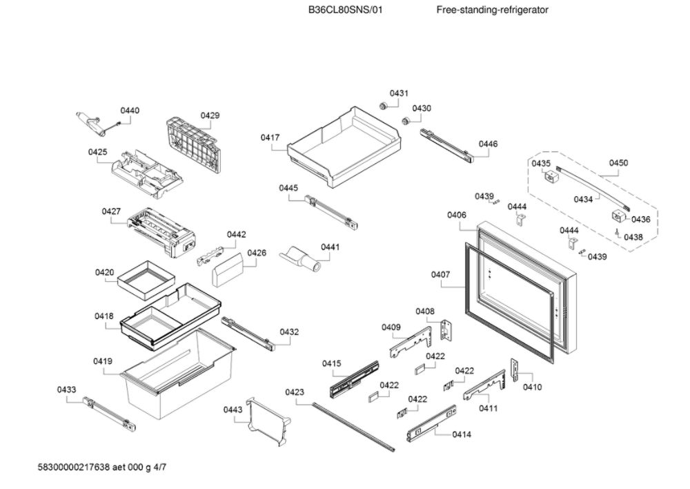 Freezer Door And Drawers Diagram and Parts List for B36CL80SNS 01 Bosch Refrigerator