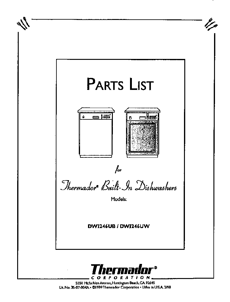 Cover Diagram and Parts List for DWI246UW  Thermador Dishwasher