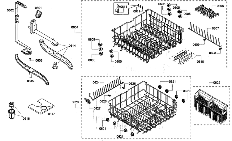 Baskets Assy Diagram and Parts List for SHV43P13UC 53 Bosch Dishwasher