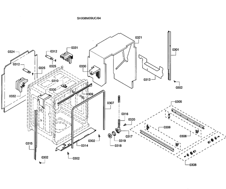 Cabinet Diagram and Parts List for SHX98M09UC 64 Bosch Dishwasher
