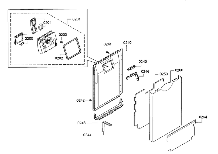 Door Diagram and Parts List for SPE5ES55UC 30 Bosch Dishwasher