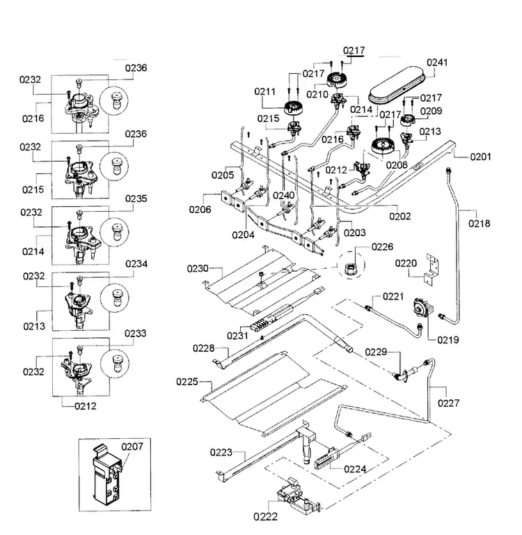Burners Assy Diagram and Parts List for HGS5053UC 07 Bosch Range