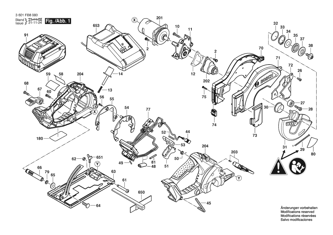 Figure 1 Diagram and Parts List for 3601FB8010 GKM 18V-20 Bosch Circular Saw