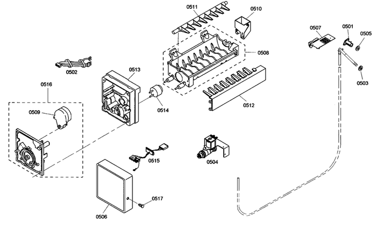 Ice Maker Diagram and Parts List for KBUIT4865E01  Thermador Refrigerator
