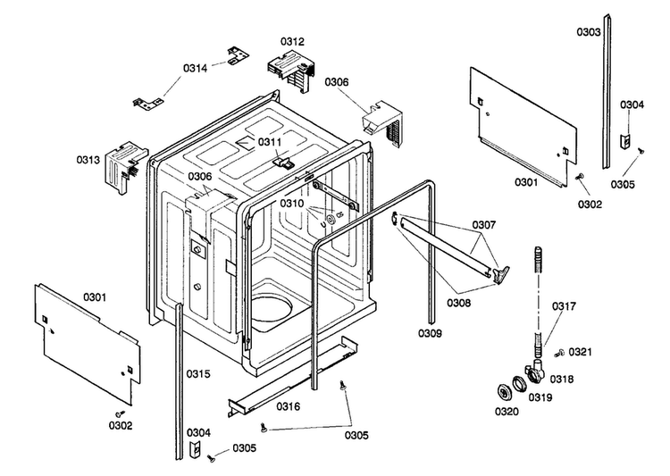 Cabinet Parts Diagram and Parts List for SHX33A02UC 21 Bosch Dishwasher
