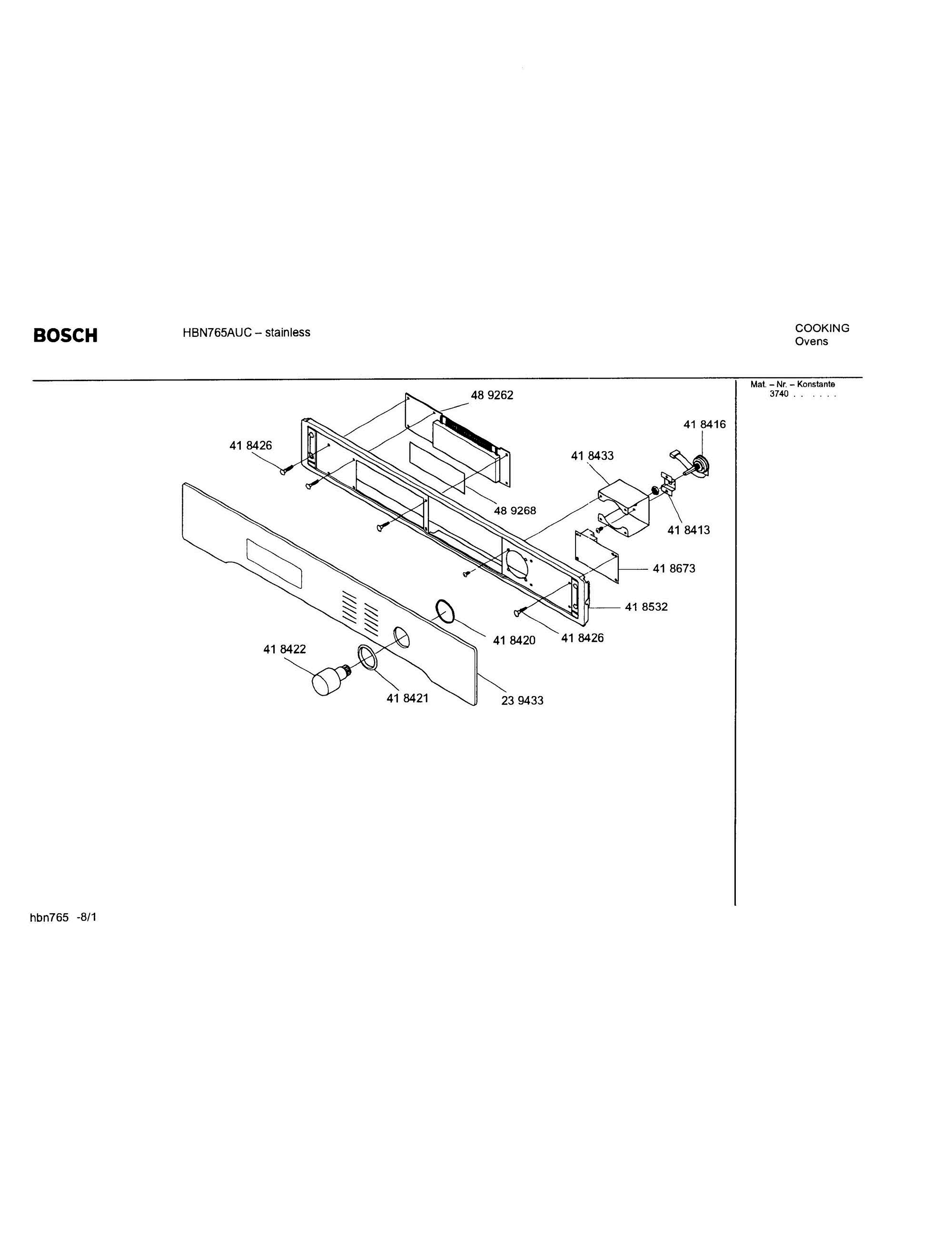 01 - FASCIA PANEL Diagram and Parts List for HBN765AUC(FD8207-)  Bosch Wall Oven