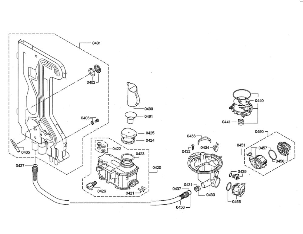 Water Inlet/Heat Pump Diagram and Parts List for DWHD640JFP B3 Thermador Dishwasher