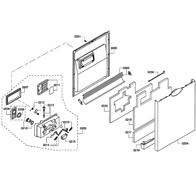 Door Assy Diagram and Parts List for SHE55P05UC 59 Bosch Dishwasher