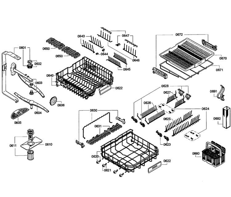 Baskets Diagram and Parts List for SPE5ES55UC 06 Bosch Dishwasher