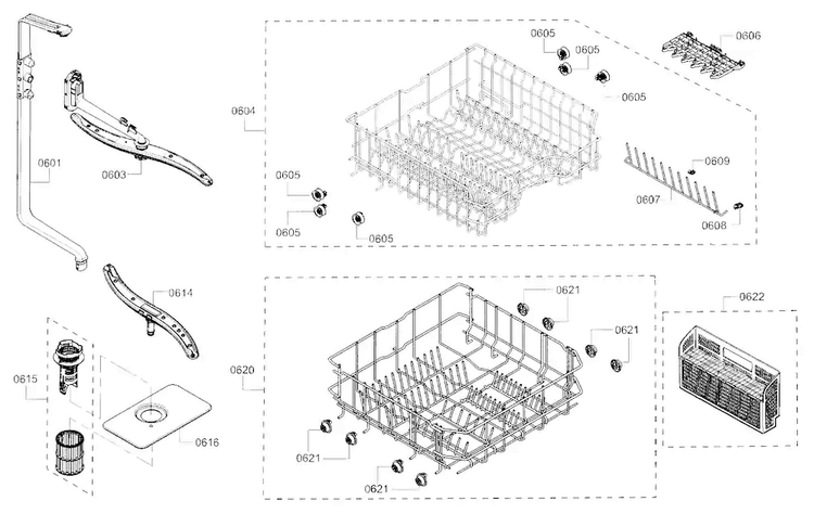 Rack Diagram and Parts List for SHE3AR52UC 21 Bosch Dishwasher