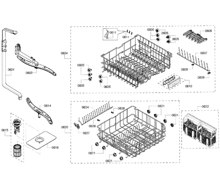 Baskets Diagram and Parts List for SHE6AF02UC 06 Bosch Dishwasher