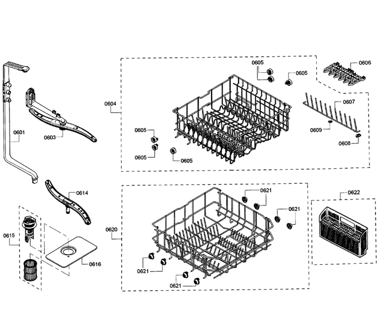 Baskets Diagram and Parts List for SHX3AR55UC 10 Bosch Dishwasher