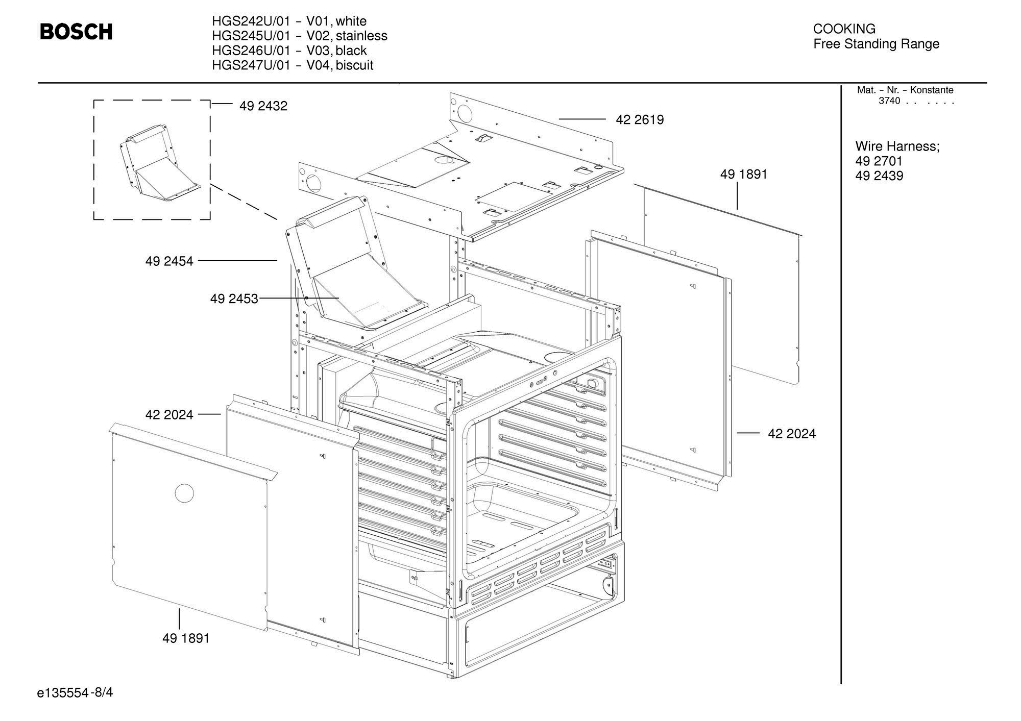 04 - OVEN FRAME Diagram and Parts List for HGS245U  Bosch Range