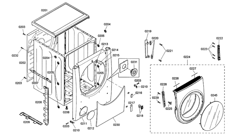 Cabinet Parts Diagram and Parts List for WTMC352RUC 05 Bosch Dryer