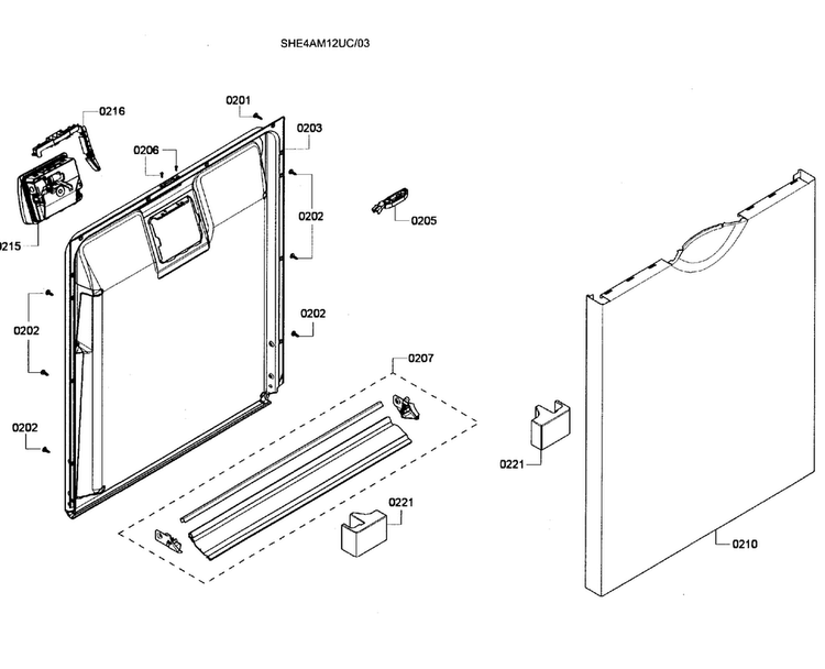 Door Assy Diagram and Parts List for SHE4AM12UC 03 Bosch Dishwasher