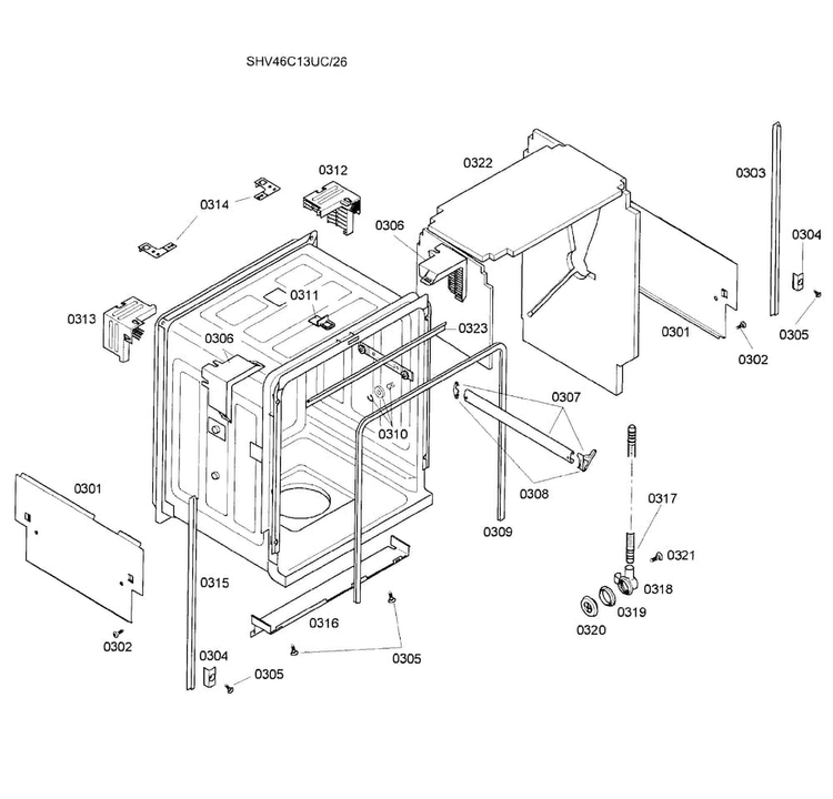Cabinet Assy Diagram and Parts List for SHV46C13UC 26 Bosch Dishwasher