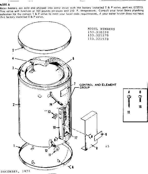 Non-functional Replacement Parts Diagram and Parts List for 153310370  Kenmore Water Heater