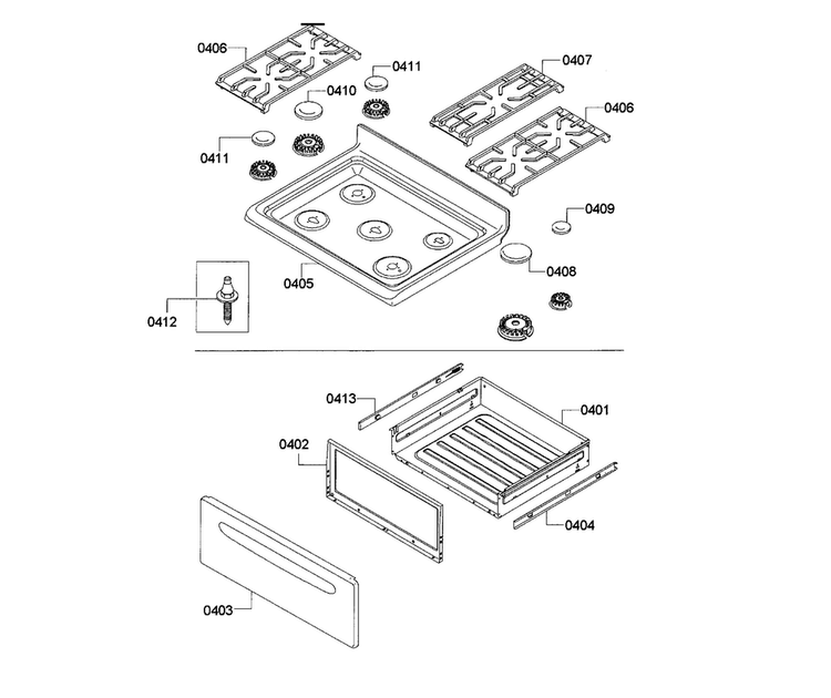 Burner & Drawer Assy Diagram and Parts List for HGS3063UC 07 Bosch Range