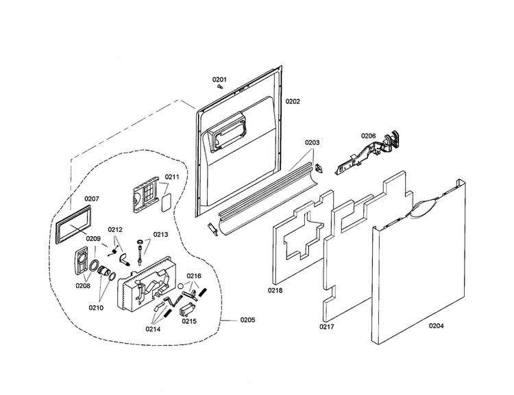 Door/dispenser Diagram and Parts List for SHE47C02UC 21 Bosch Dishwasher