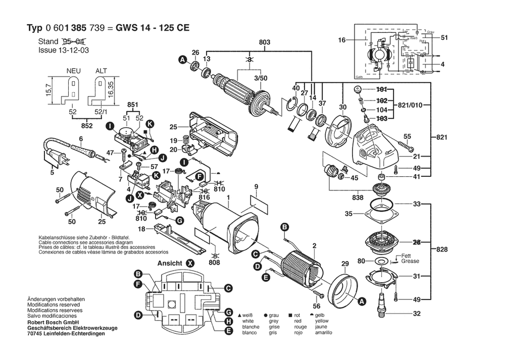 Section 1 Diagram and Parts List for GWS14-125CE 0601385739 Bosch Angle Grinder