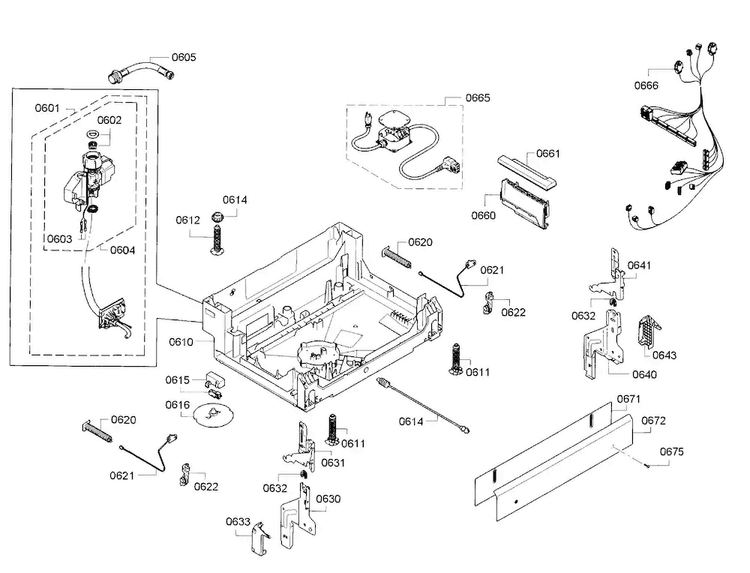 Base Diagram and Parts List for SGE53U56UC A3 Bosch Dishwasher