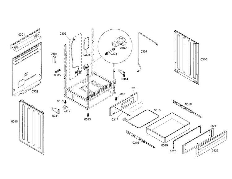 Drawer/side Panels Diagram and Parts List for HGS7132UC 01 Bosch Range