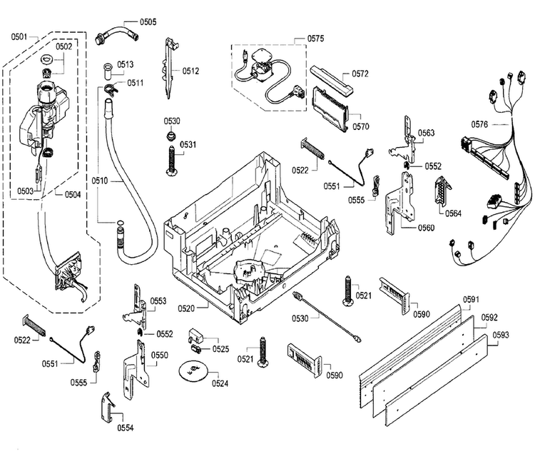 Base Diagram and Parts List for SGE68U55UC B3 Bosch Dishwasher
