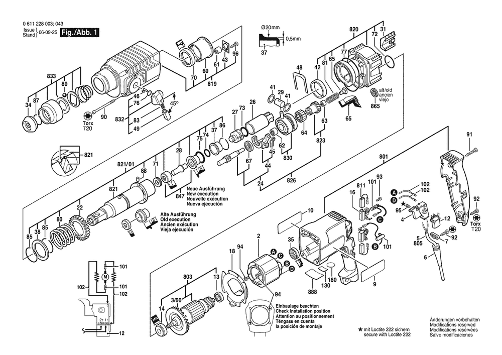 Section 1 Diagram and Parts List for GBH2-24DS 0611228037 Bosch Hammer Drill