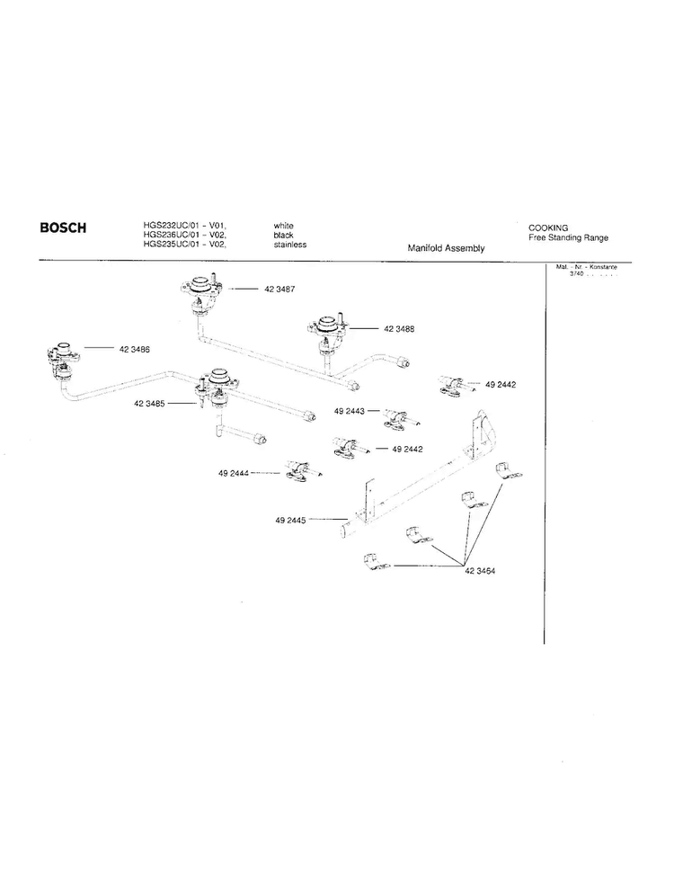 Manifold Assembly Diagram and Parts List for HGS235UC 01 Bosch Range