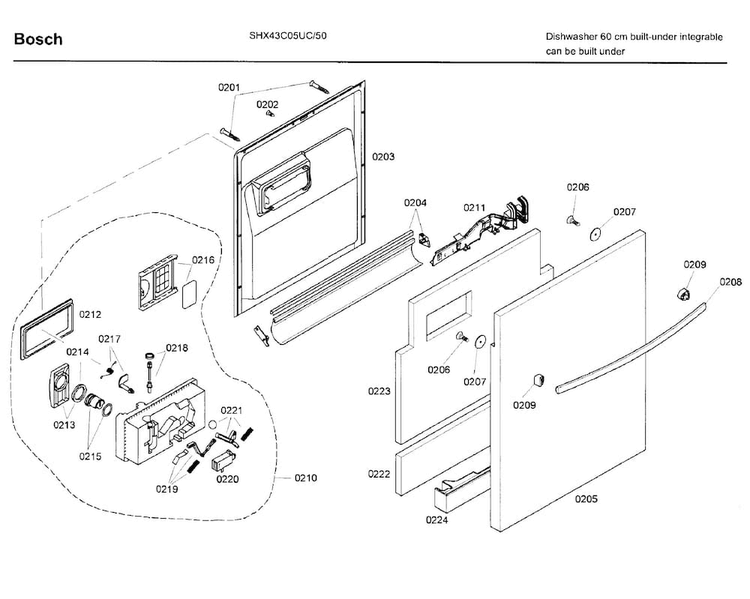 Door Diagram and Parts List for SHX43C05UC 50 Bosch Dishwasher