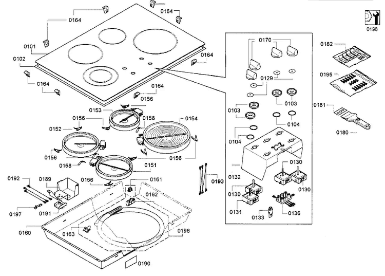 Cooktop Diagram and Parts List for NEM3064UC 01 Bosch Cooktop