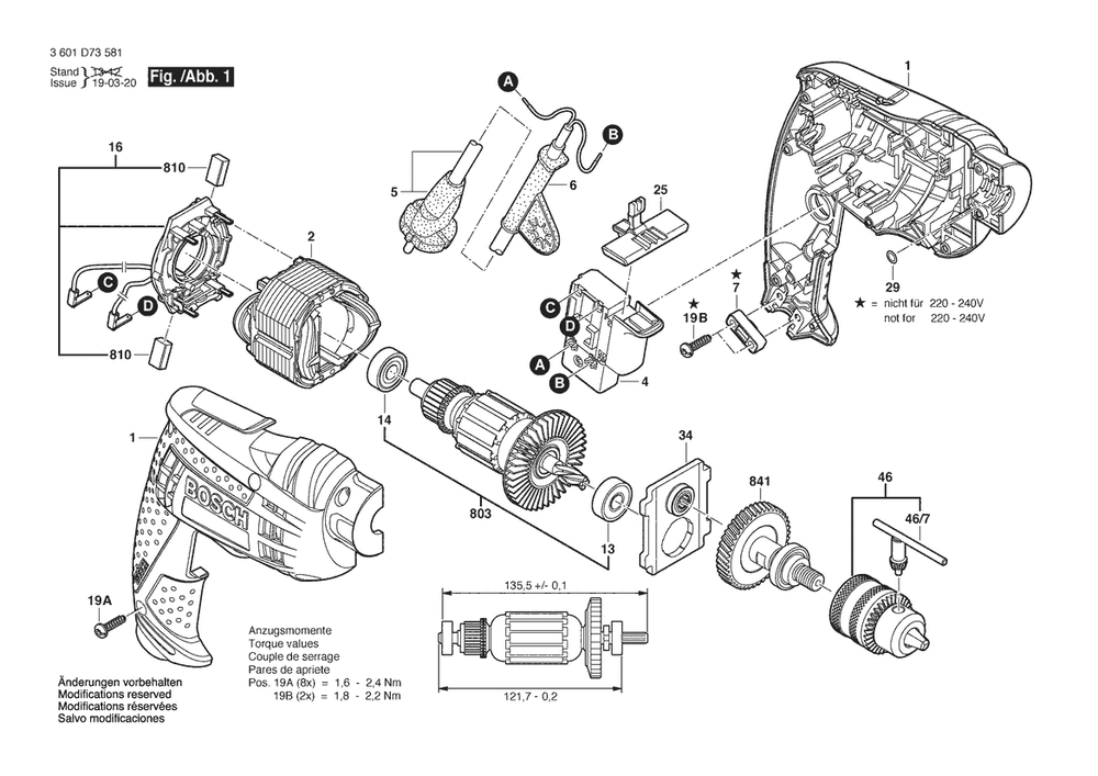 Section 1 Diagram and Parts List for GBM10RE 3601D73582 Bosch Drill