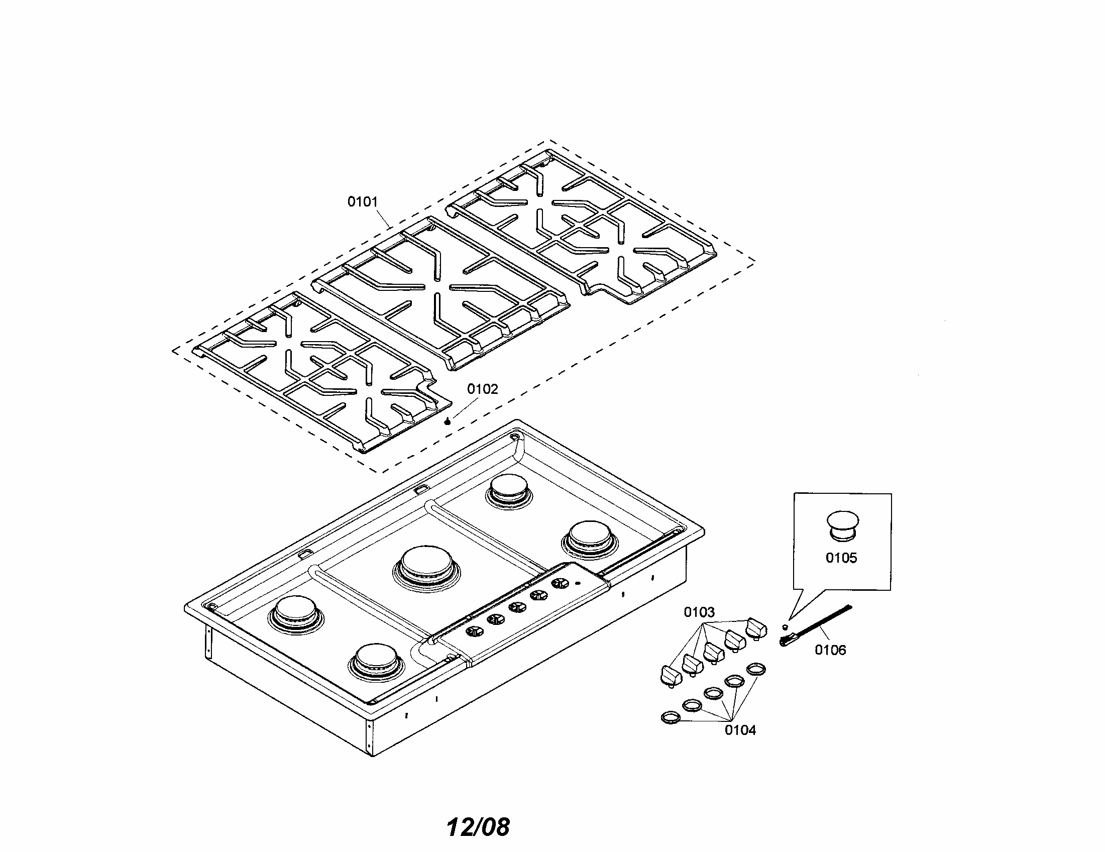 Grid/knobs Diagram and Parts List for NGM5624UC 01 Bosch Cooktop